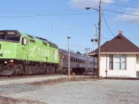 A follow up photo to my previous one taken a few years earlier at the same location, this one shows VIA 6429 after it shed its Home Hardware paint for a coat of Telus green. The old station here has been refurbished but in a few years it will sit neglected again, sadly outliving its use as an actual station once the new GO station was built to the east of here and GO/Via station built at Aldershot. Thankfully the station survives today a few blocks away, restored as a museum.