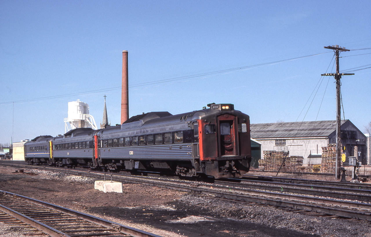 VIA 6118 is leaning into a curve in London, Ontario on March 25, 1981.