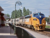 One thing I truly miss these days is catching the "Northlander", especially with its CAT powered "F" units. I truly hope it returns again one day. Here the train is seen slowing for a stop at Gravenhurst's attractive station. The station today doesn't look right somehow without any passenger trains stopping in front of it, with passengers waiting on the platform. 