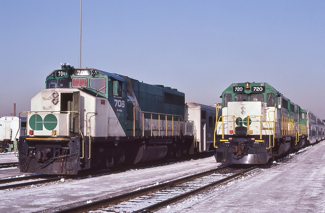 Today, for GMD fans Willowbrook is a must visit, more so in the eighties...


   GMD 1974 built GP40-2(W) #706 is the future CN #9673 ( in 1991) ;  


    GO #720 was EMD 1967  built GP40-M-2  for Rock Island ( CRIP )  acquired 1982 and was a 1993 trade in to EMD ( for the F59PH #562 to 568 series ) and resold to LLPX as their future #3207 


    GO #723, the 'double header' coupled to #720, was EMD 1967  built GP40-M-2  for Rock Island ( CRIP )  acquired 1982 and was a 1993 trade in to EMD ( for the F59PH #562 to 568 series ) and resold to LLPX as their future #3205


    Maybe GO not so boring ?


   At GO Willowbrook, with permission waiver papers stuffed in pockets, February 12, 1983 Kodachrome by S.Danko


    noteworthy:  the differing classification ( 'marker' ) lights, all sans ditch lights, love that real brass bell on the #720 and the  'in your face'  air horns on #706.


sdfourty.