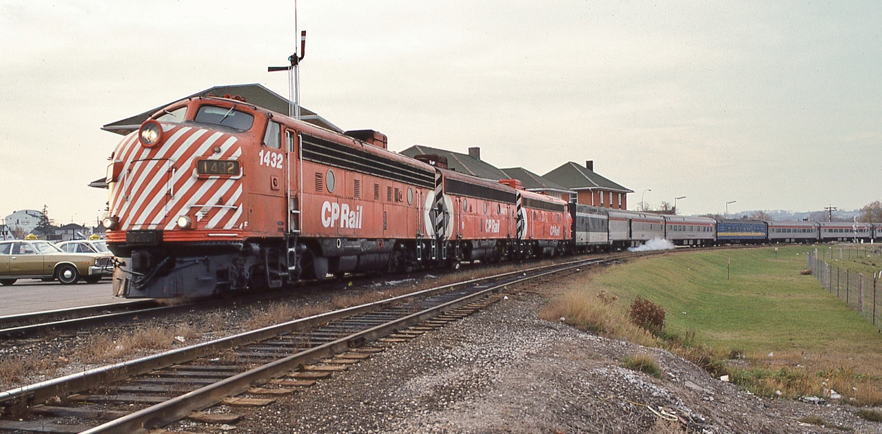 A rare sight, even in 1978. And even stranger – on ' foreign ' rails,


   the re-routed VIA Rail train #2 powered by ex CP Rail  FP7A  -  F9B  -  FP9A   units # 1432 – 4477 – 1412 . 


   Effective October 29, 1978 Via ceased service on the CP Rail Mactier Subdivision and re-routed the transcon service onto the CN Bala – south of South Parry and  south of Washago onto the CN Newmarket Subdivision. 


  At Allandale ( CN Barrie ), November 18, 1978 Kodachrome by S.Danko


   More Allandale


       strange sight
