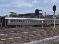 <br>
<br>
   ONR coach #806 appeared to be old, even in 1978.
<br>
<br>
   Built by NSC  in 1936, #806 was a mere 42 years old as of the date of this slide: 1978  
<br>
<br>
   Some perspective: Those in service VIA LRC coaches #3300 to 3349, were built in 1981 and are, today, over forty years old ! 
<br>
<br>
    ONR coach #832 built 1941 by Pullman as N&W #1752 , was acquired  1971 ( just prior to Amtrak) 
<br>
<br>
    The youngster here is MLW 1959 built S-13 #8518
<br>
<br>
    At Bathurst Street, August 5, 1978 Kodachrome by S.Danko
<br>
<br>
    What's interesting: 
<br>
<br>
   Several ONR coaches ( such as #806) rode out the final years, as recent as 2001, as the Polar Bear Express smoker's cars and /or bistro party cars. 
<br>
<br>
   That mile 0.12 tri-light signal  ( Automated Block Signal) – unusual at that time – controlled the CN High Line, the double tracked Union Station by-pass – from Oakville Sub mile 108 Cabin E to mile 333.3 Kingston Sub ( Scott Street ) – routed south of the Spadina Coach yard and roundhouse and south of the CPR John Street roundhouse.
<br>
<br>
     <a href="http://www.railpictures.ca/?attachment_id=  2165">  Bathurst: New Year's Day 1978  </a>
<br>
<br>
