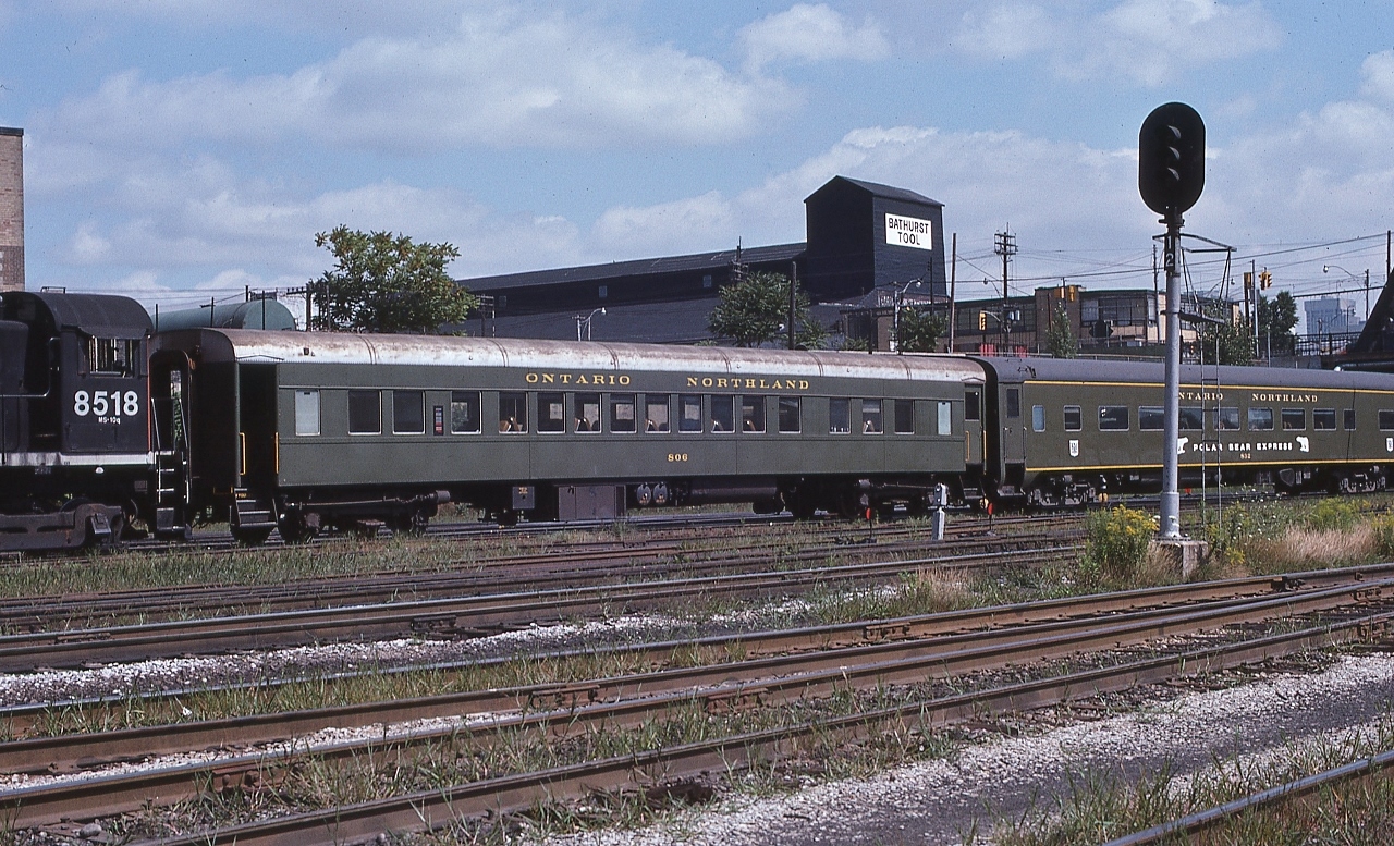 ONR coach #806 appeared to be old, even in 1978.


   Built by NSC  in 1936, #806 was a mere 42 years old as of the date of this slide: 1978  


   Some perspective: Those in service VIA LRC coaches #3300 to 3349, were built in 1981 and are, today, over forty years old ! 


    ONR coach #832 built 1941 by Pullman as N&W #1752 , was acquired  1971 ( just prior to Amtrak) 


    The youngster here is MLW 1959 built S-13 #8518


    At Bathurst Street, August 5, 1978 Kodachrome by S.Danko


    What's interesting: 


   Several ONR coaches ( such as #806) rode out the final years, as recent as 2001, as the Polar Bear Express smoker's cars and /or bistro party cars. 


   That mile 0.12 tri-light signal  ( Automated Block Signal) – unusual at that time – controlled the CN High Line, the double tracked Union Station by-pass – from Oakville Sub mile 108 Cabin E to mile 333.3 Kingston Sub ( Scott Street ) – routed south of the Spadina Coach yard and roundhouse and south of the CPR John Street roundhouse.


       Bathurst: New Year's Day 1978