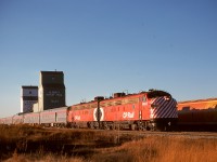 East of Calgary, train No. 2 The Canadian on Thursday 1976-10-14 was timetabled at 1741 MDT at Tilley, not long after I took a calculated break from the Trans Canada Highway on a road trip westward, and to my considerable (CP employee) satisfaction the train passed by precisely on time, with 1403 and 1416 and seven cars making good use of the 75 mph permitted speed on that stretch of ABS single main track.