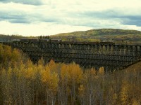 Northern Alberta Railways extended westward into British Columbia from Grande Prairie in Alberta, with two large timber trestles near the west end.  This is Bissette Creek at mileage 131.5 on the eastern edge of the village of Pouce Coupé, with the thrice weekly wayfreight No. 51 with GP9 206 handling three ballast loads and four empties and caboose 13006 on xxxxxx 1977-09-21.  In another 3.2 miles, they will encounter the second big trestle, over Dawson Creek, and 3.3 miles more the city of Dawson Creek.