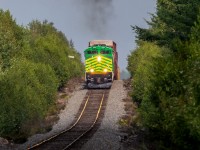 The sun and the clouds were at the right place at the right time. On it's second revenue run, NBSR 6401, ex Norfolk Southern, powers NBSR train 907 as they start down the dip at Cork, New Brunswick. 