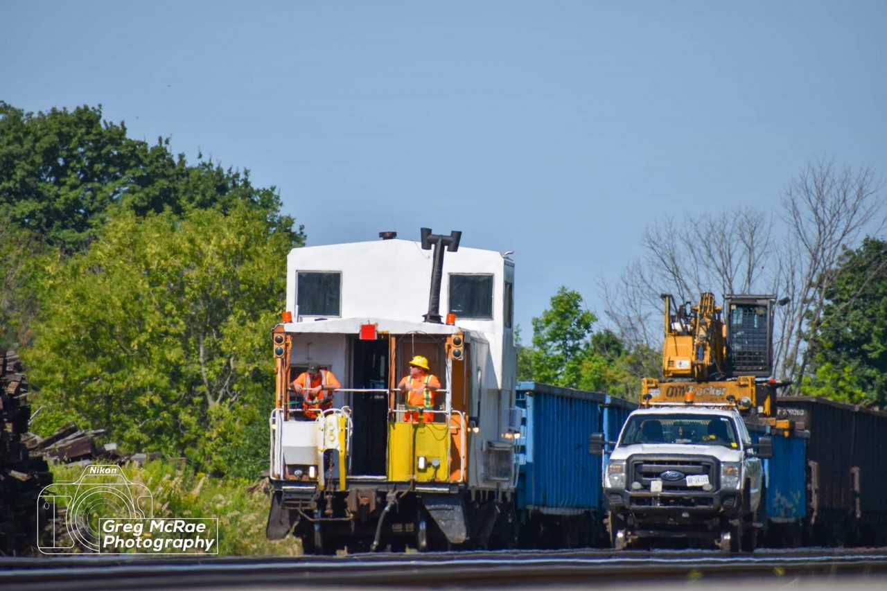 A CP MOW crew has a little meet and greet on the point before shoving the train across the crossing and out onto the mainline
August 14th 2021