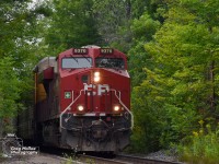 CP 9370 crawls past the Parry Sound VIA station on the CN Bala Sub (Southbound only track)
August 9th 2021
