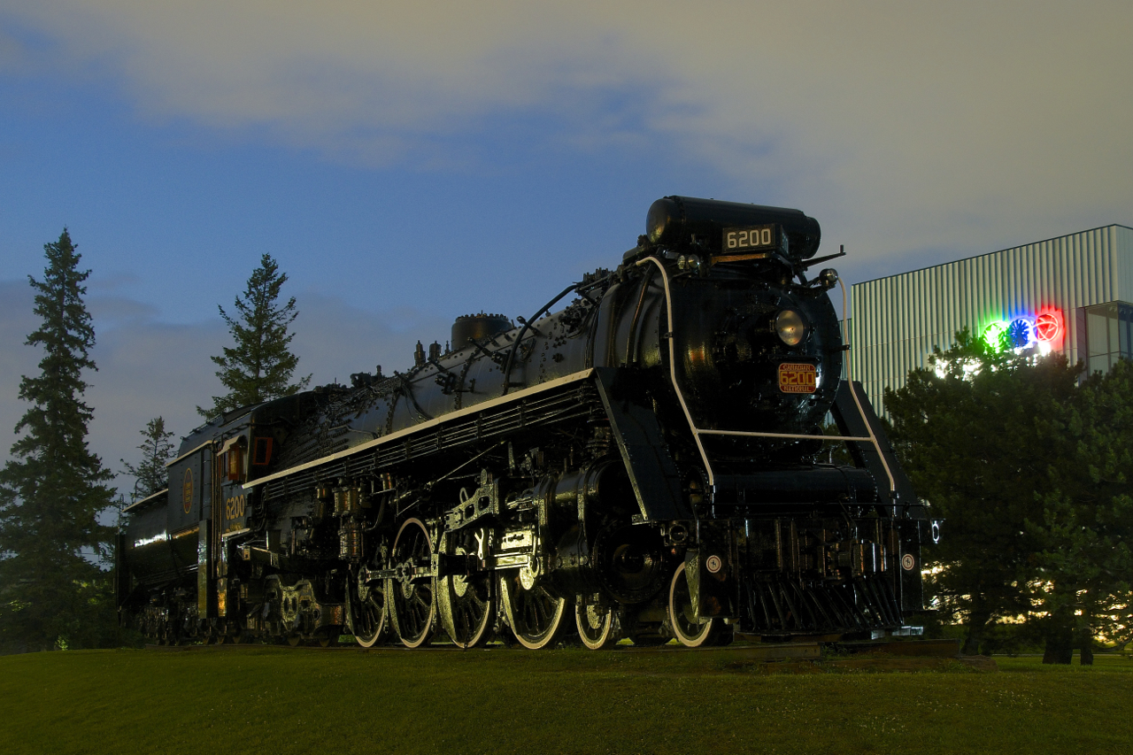 CN 6200 is seen outside the Canada Science and Technology Museum in Ottawa about an hour after sunset.