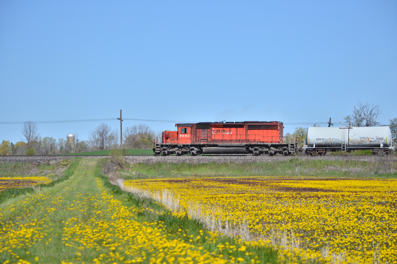 CP 6043 charges West at a blistering 30mph, unlike the year prior, the spray train wasted no time as it worked it's way West, however, not without trouble. After arriving in Windsor, the crew had very little options to wye the train for its run down the Hamilton Sub the following day. No passport meant no going over into Detroit, no permission to use the private wye in Windsor as well. The solution? Well, they decided to run the train back West with the power on the wrong end. London not having a wye, ( I believe the EMD plant has one but still lacking permission to use it ) left Galt and GUE as the two main options, the latter being chosen to wye the train.

Just like anything in life, nothing ever goes to plan, it's all part of the fun.