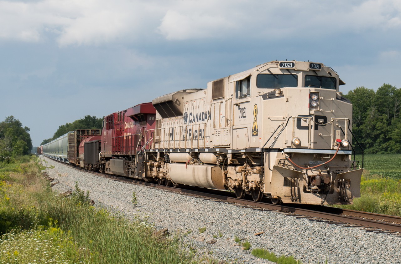 CP 246 slows as it approaches the River Road crossing outside of Welland Ontario with military tribute 7021 leading the way.  7021 has been flipping back and fourth on 246/247 over the past week and has offered many opportunities for railfans to get their pictures!  Storms were rolling into Southern Ontario on this afternoon making for some dramatic lighting.