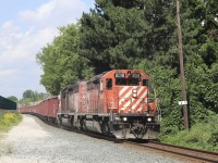 2021.08.23 CP 6018 leading CP GPS-23, CP 5743 trailing. At Mile 4 Mactier Sub.