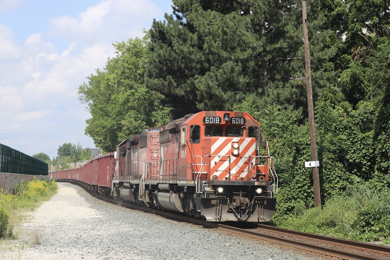 2021.08.23 CP 6018 leading CP GPS-23, CP 5743 trailing. At Mile 4 Mactier Sub.