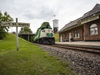 A GO test train pauses briefly at the historic St Mary's train station as they simulate a station stop. GO is currently looking into adding service between Kitchener and London and were conducting test runs over the weekend. It'll be interesting to see how this plays out over the next few months.