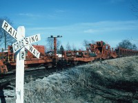 The CN rail salvage train's tail-end is viewed at the Raglan Street crossing in the town of Harriston after arriving from Palmerston. A railway crossing with the old style aluminum cross-bucks still stands guard at the crossing where two tracks crossed. The rail cars would be secured here for the night and the rail removal process would begin in the town the following day.



