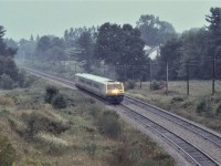 Forty years ago, on the weekend of August 8th and 9th, 1981, VIA ran a series test trains with the new, not yet in service (?) LRC equipment.  The trains operated between Toronto and possibly Belleville (I'm not certain).  Notice the white classification lights are lit. The location is a guess, somewhere between Guildwood and Pickering.