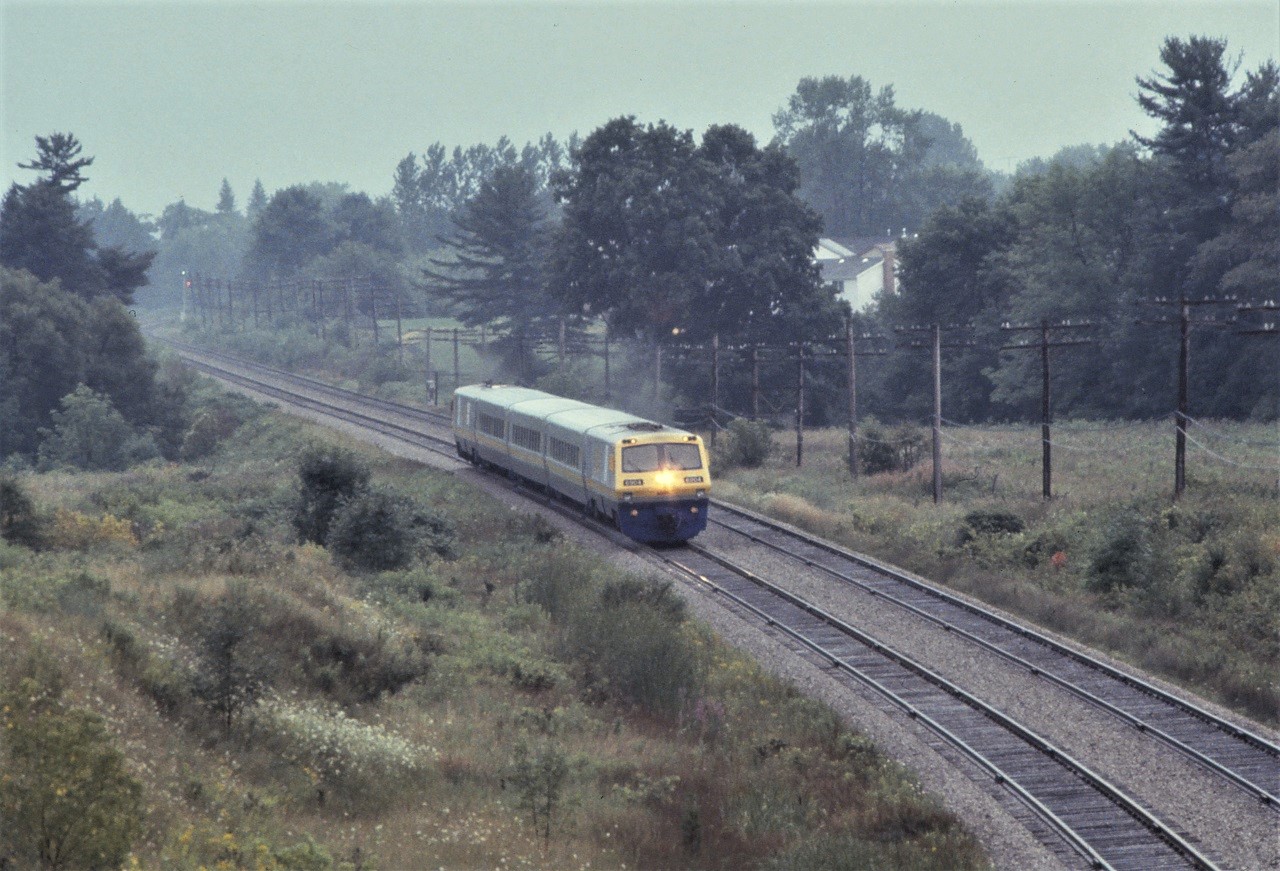 Forty years ago, on the weekend of August 8th and 9th, 1981, VIA ran a series test trains with the new, not yet in service (?) LRC equipment.  The trains operated between Toronto and possibly Belleville (I'm not certain).  Notice the white classification lights are lit. The location is a guess, somewhere between Guildwood and Pickering.