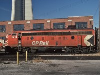 <br>
<br>
   The first week of VIA CP Rail, and the lash up for the daily The Canadian is unique and different.
<br>
<br>
   Rather than the usual single 4000 series CP Rail  F unit, VIA expanded the daily  The Canadian  with a full summer season like consist, including an ex CN steam generator and an ex CN 52 seat deluxe Dayniter coach, requiring more ex CP Rail power to match:
<br>
<br>
   The lash up:  1414 – 4067 - 8479;  GMD 1954 built FP9A   -  GMD 1952 built FP7A  -  MLW 1955 built RS-10
<br>
<br>
    Near the CP Rail John Street fueling rack, with the CPR Locomotive and Car Stores building in the background, November 4, 1978 Kodachrome by S.Danko
<br>
<br>