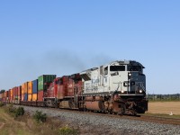 2021.09.19 CP 7022 leading CP 100 along with two rebuilt CWMs, passing Mileboard Alliston on CP Mactier Sub