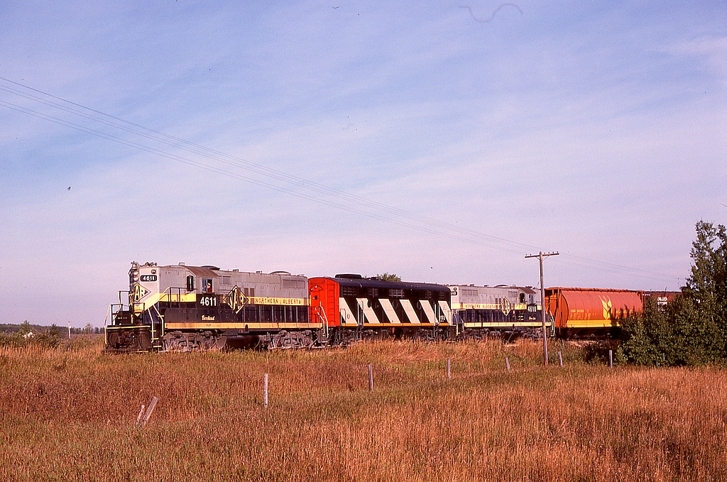 When CN took over Northern Alberta Railways on 1981-01-01, change thankfully came slowly to start, with locomotives renumbered into the CN pattern but Northern Alberta markings and locomotive names left intact, as on CN 4611 (ex NAR 210) and CN 4610 (ex NAR 209) bracketing B-unit 9192 as a westward train approaches Sexsmith on Tuesday 1981-09-15 heading for Grande Prairie.  The black-paint background for the cab-side number was later applied over the NAR diamonds and hood-side lettering, too, and that really hurt.