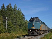 VIA Train 15 approaches Westchester, Nova Scotia, Mileage 33.3 of CN's Springhill Subdivision at 3.23 p.m. on Wednesday, September 22, 2021.  There's only an hour left in the summer of 2021 and Covid restrictions have reduced the service to but once a week.  As well, the back-to-back 'F40s' and lack of a Park or Skyline dome car confirm that VIA trains are no longer turned in Halifax prior to returning to Montreal.  