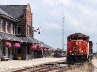 CN L56831 17 pulls out of the siding past the beautiful Stratford VIA station with CN 9639, CN 9449 and around 20 cars for various industries between Stratford and London.

Built in 1913 by the Grand Trunk, Stratford has seen Grand Trunk, CN, and now VIA trains stop at the station for the last 108 years. According to multiple new sites, GO will also begin service in Stratford in October 2021 as a pilot project for London-Toronto (and back) trains. 