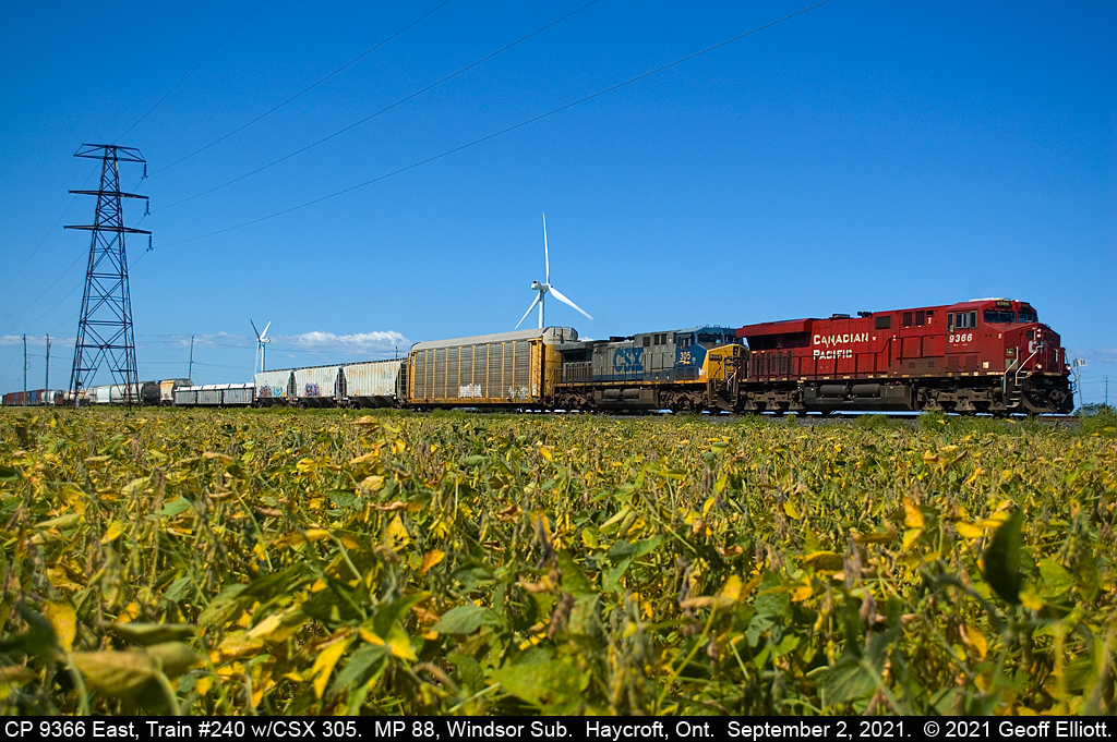 Fall is coming.....  The soya beans are beginning to ripen and temps are finally starting to cool down a bit making for a nice day to run out and grab a photo.  Adding some color to the mix today CP ES44AC #9366 is teamed up with CSX AC44CW #305 on CP Train #140 as it makes fast time at Milepost 88 of the CP Windsor Subdivision just west of Haycroft, Ontario on September 2, 2021.
