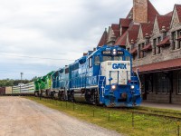 GMTX 2329 powers train 907 past the McAdam railway station. The power was wye'd at McAdam due to issues with the leading engine, NBSR 6403. 