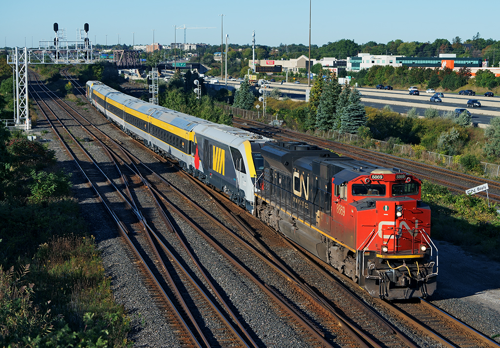 The first of many new VIA train sets comes off the York Sub and is about to enter the Kingston Subdivision at Pickering Jct another 1.4 miles to the east. Doing the honors is London built EMD SD70M-2 8869.