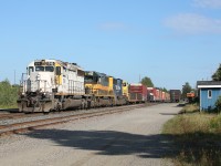 Ontario Northland train 113 pulls into Englehart Yard after the journey from North Bay.  It was a colourful consist with heritage 1730 trailing behind 1740.  (Photo @ 1715)