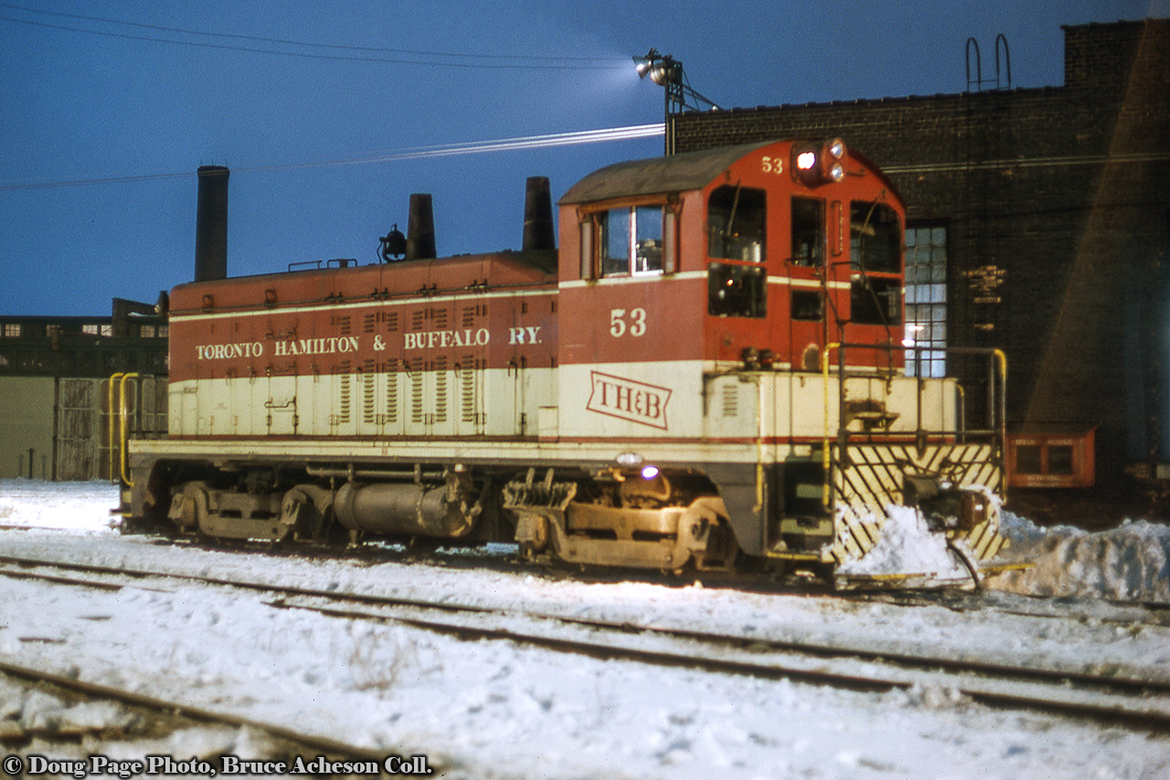 TH&B 53 idles away on a chilly February night at Chatham Street.Doug Page Photo, Bruce Acheson Collection Slide.