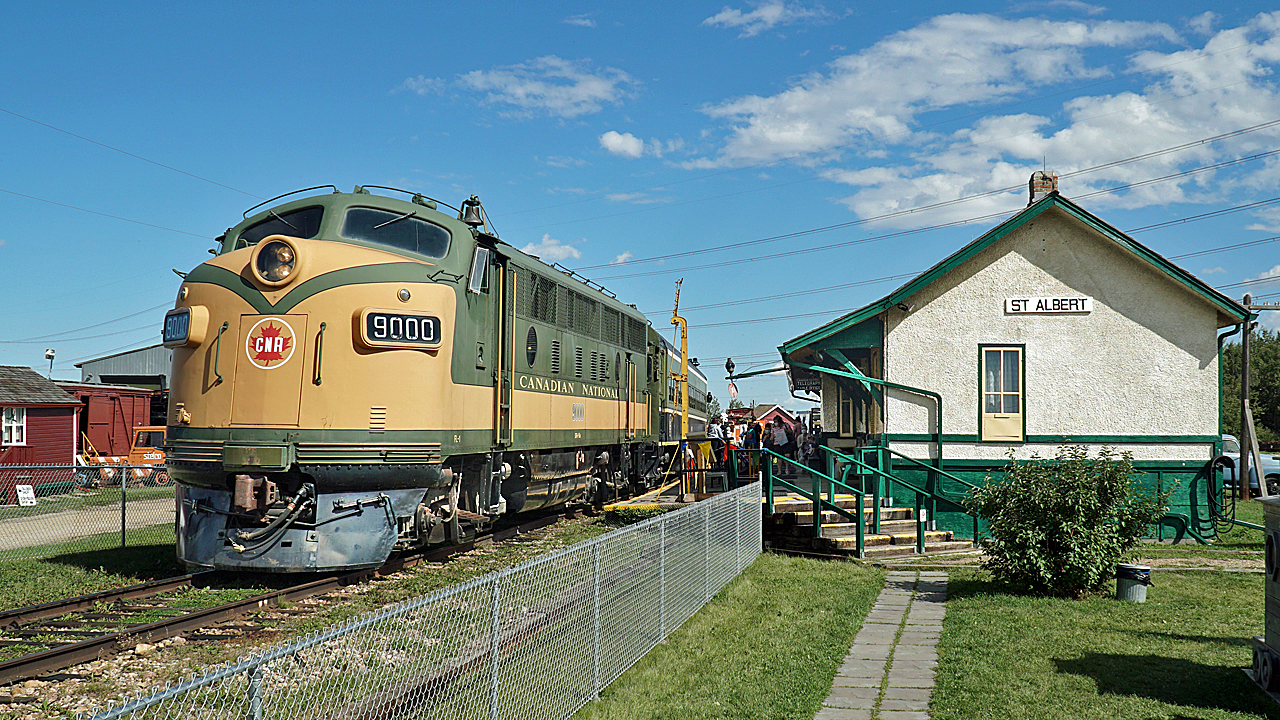 Alberta Railway Museum's F3A CN 9000, the old faithful workhorse of the museum, is running the passenger train on the Labour Day Weekend,  which will be the last operational weekend of 2021.  (St. Albert Station is of course historic building relocated to the museum site in North Edmonton)