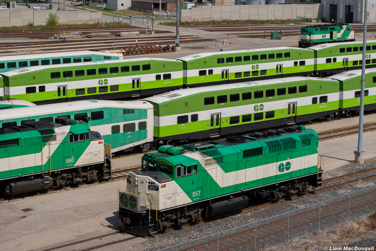 Among the sea of coaches in the modern 2-tone green scheme, 3 F59PHs sit awaiting their next duties in GO’s Willowbrook Yard. The 557 pictured here is facing west from being an assigned switcher but would take a trip around VIA's wye later in the day to face east for a return to service.