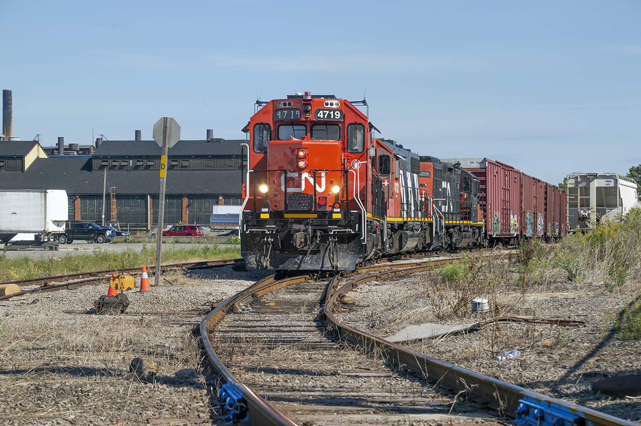 The 0700 job shoves a cut of boxcars destined for Railcare into the small yard off Wilcox Street at the end of the Irondale Lead.