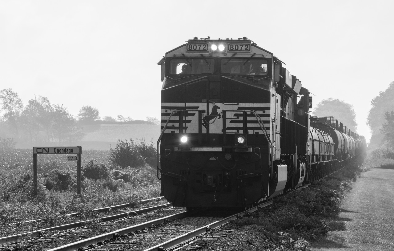 When faced with a foreign leader it is often a good idea to "place the shot" to show that it is out of place or on a line that it normally wouldn't be on.  Here we see CN L501 being lead by NS 8072 as they pass the CN Onondaga Mileboard on their trip to Sarnia from Garnet Ontario.
