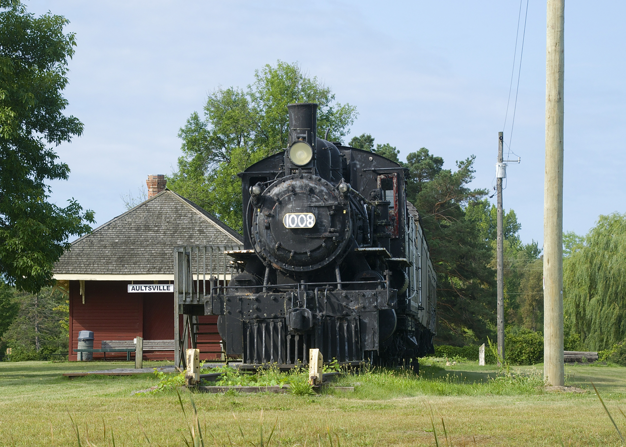 GTR 1008 is 2-6-0 Mogul steam engine built by the Canadian Locomotive Company in 1910. It would later be renumbered CN 910 and later CN 88 before being retired in 1957. Behind it is the Aultsville train station. It was built by the Grand Trunk during the late 1800's and was moved to its present location when the original location was flooded due to the St. Lawrence Seaway project during the 1950's.