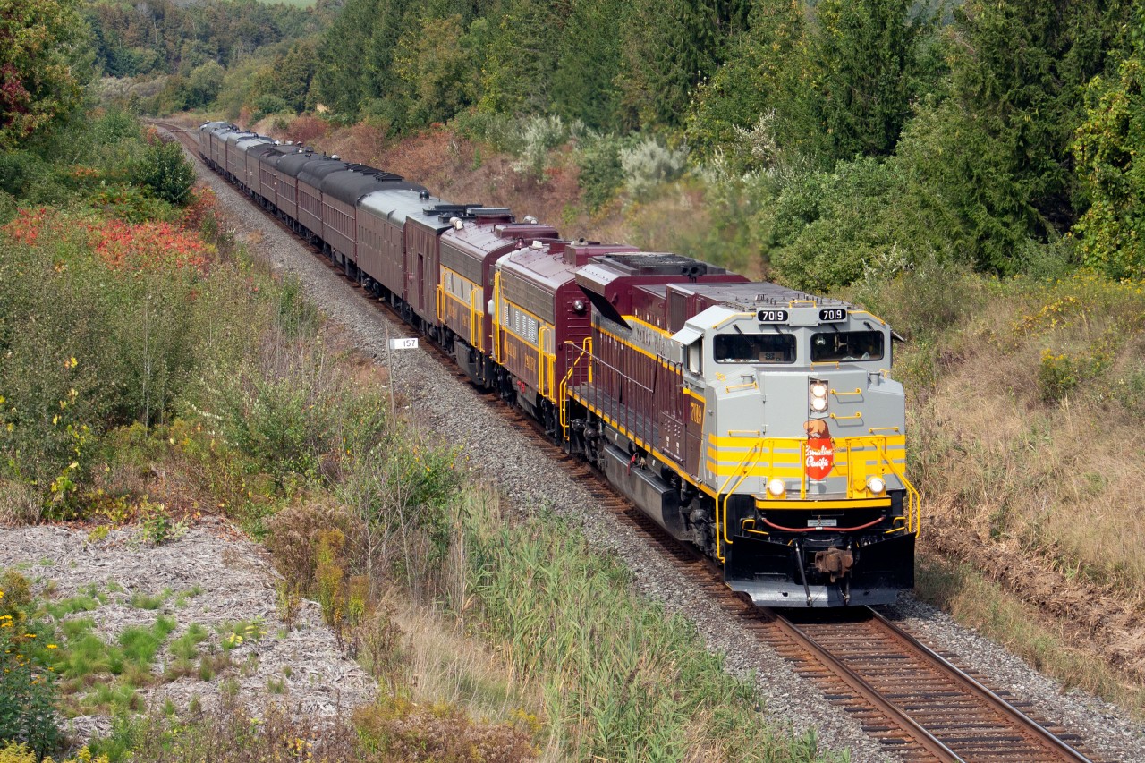 With hours of delays already incurred, be it from heavy traffic as the result of a derailment or encountering trespassers on the Cherrywood trestle, CP 7019 leads CP 40B as it heads east on the CP Belleville Subdivision, about to head under Highway 401 on approach to Lovekin siding. Ultimately the train would end up in Montreal that evening, before continuing the next day south to Saratoga Springs, NY.
