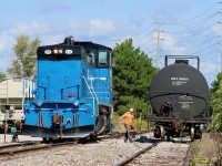 GMTX 333 is no stranger to working for a failing railroad. It began its life working for the ill fated Milwaukee Road, and today as it pauses in Streetsville yard while one of the Trillium/ OBRY employees steps down to attach the EOTD, its employment with the OBRY is also nearing an end. It would appear that twice weekly trains out of Orangeville are getting smaller as rail served customers look for new transportation options. Today's train was only a lone tank car in each direction. It will be very sad watching this scenic and once successful line fall silent, possibly forever. 