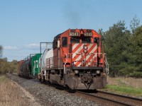 Shortly after meeting 118 at Cherrywood the spray train lead by CP 6043 continues West passing Reesor Road in Toronto's East end. 