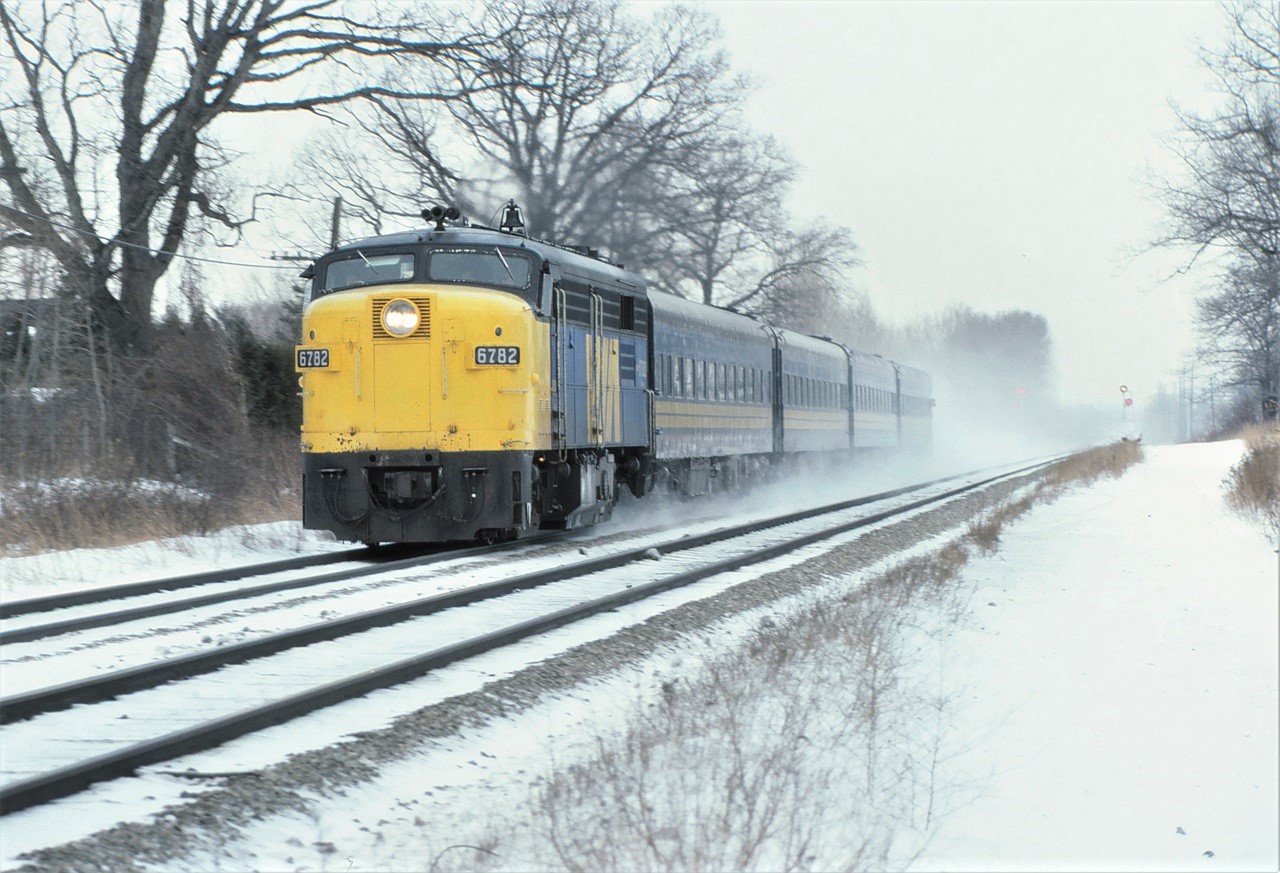 VIA FPA4 6782 has the four car westbound train 73 well in hand as it flies through Clarkson, Ontario on the Oakville Sub.  Location shown is approximate.