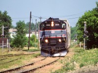 These for me were the best OBRY days, with good old basically unmodified GP9 1000 ruling the rails. The line almost seemed to have a future back then, not to mention the loved Explorer trains. The old station site at Brampton had certainly seen better days, and sadly the station was moved to a plot of land west of the city to rot away. In the end the station looks as though it will outlive the line itself as it has been beautifully restored as part of Mount Pleasants community centre. OBRY 1000 here is seen crossing Nelson street and passing the old station site. Sadly 1000 was retired a few years ago and has either been scrapped or rotting away out west. The signal in the distance protects the diamond with the CN Halton subdivision.