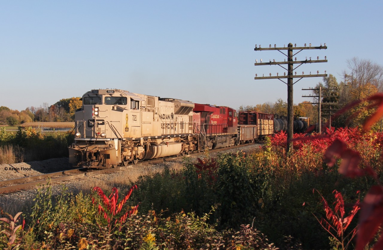 CP 247 with CP 7021 and 8734 finally headed up the Hamilton Sub towards Guelph Jct. and Toronto at around 17:30 on October 17, 2020. The train took a long time this day, but that worked in my favour. It spent a long time at Welland and Kinnear; it also had to meet 246 and 254 at Kinnear. It finally departed Kinnear just before 16:30 and still took a while to get up the hill, and the train was not that long. After a nervous drive to get to Concession 6, and the shadows already starting to get long, I finally made it with more than enough time to set up, allowing me to walk in a bit from the road to get this shot. Happy Thanksgiving everyone!