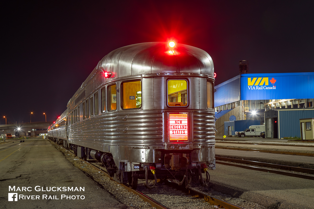 The Babbling Brook sits at the Toronto Maintenance Centre on the night of Tuesday, August 28, 2018 after arriving on Via Rail Train 98/Amtrak 63 (Maple Leaf). Although private cars can travel to Canada on all three Amtrak trains, they cannot go with Talgo Sets, leaving the Maple Leaf and the Adirondack as the only consistently viable options.