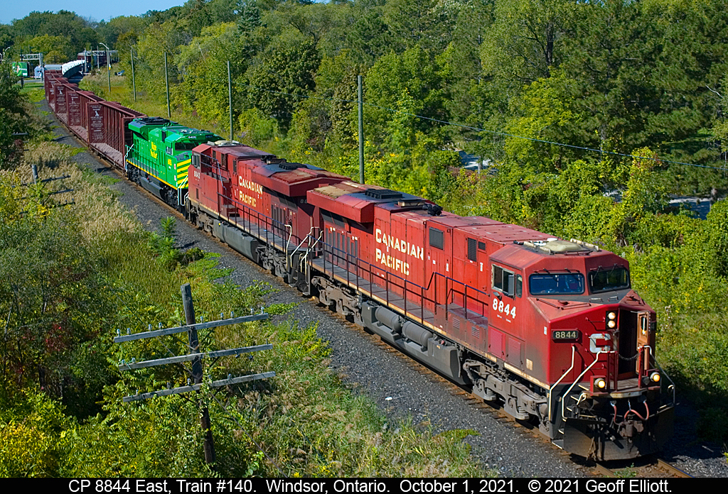 CP 8844 pulls out of Windsor yard after finishing it's setoff and lift today.  As some added color on the train, Maine Northern SD70M-2 #6405 was in tow making it worth actually going out to shoot a train for a change.  Here 8844 is pulling out to Lakeshore to then go back to it's train before departing for London.