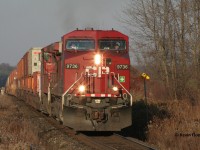 Taken at one of my favourite railfanning spots on the Galt Sub, a westbound CP stack train led by AC440CW #9736 is about to pass through the hamlet of Drumbo, ON on a gorgeous fall afternoon in 2008. I'm curious as to when double stack trains stopped using this portion of the Galt Sub after 2008. Currently, the only containers to be seen on any train on this portion of the Galt Sub are on trains 234 and 235, intermixed with other freight. There are currently no dedicated intermodal trains which use the Galt Sub west of Guelph Jct. Hopefully, in the future, these types of trains can return. There needs to be more traffic on the line!
