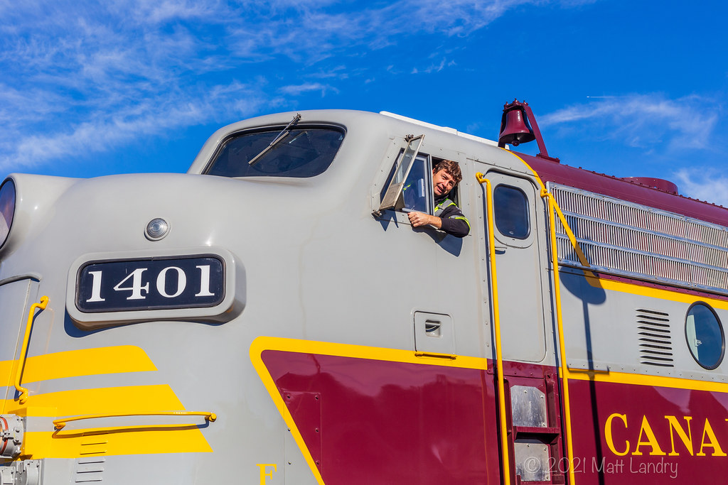 The happiest guy in McAdam. Outbound engineer Peter Peverett poses for a photo or two from the locals, while Creel and the special guests are getting a tour of the McAdam railway station.