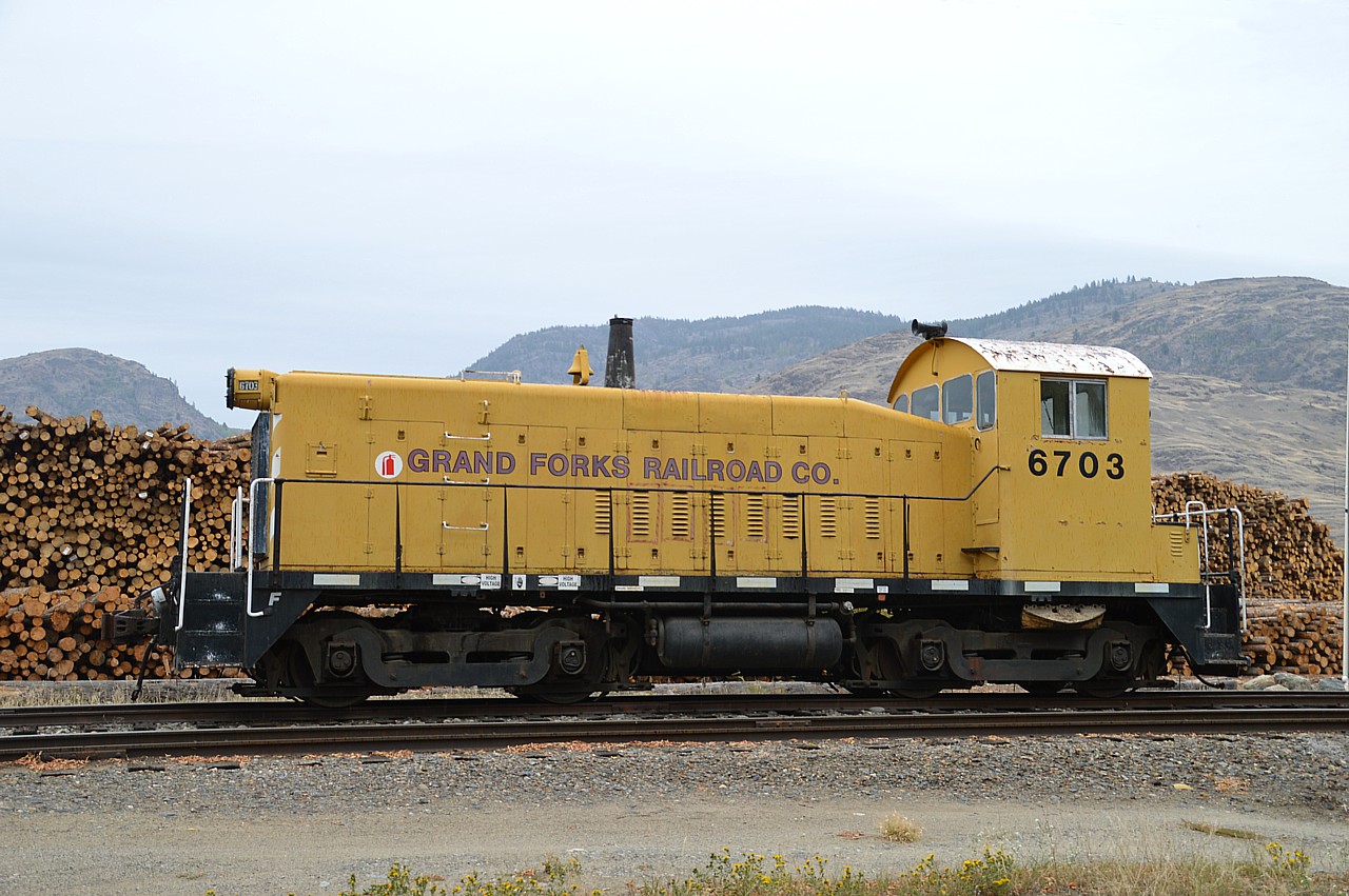 A survivor from its days at CP, this SW8 is patiently awaiting a transfer after toiling on the diminutive one and a half mile Grand Forks Railway since 1993. Apparently it is going to Vancouver Island to a museum in the near future. So I am glad to have grabbed a shot of it in its familiar surroundings when I could. (logs, logs and more logs) The other unit, a GMTX EMD SW1000 #86, will handle the chores for now. The line connects with the Kettle Falls, up from the states; and they interchange twice a week.