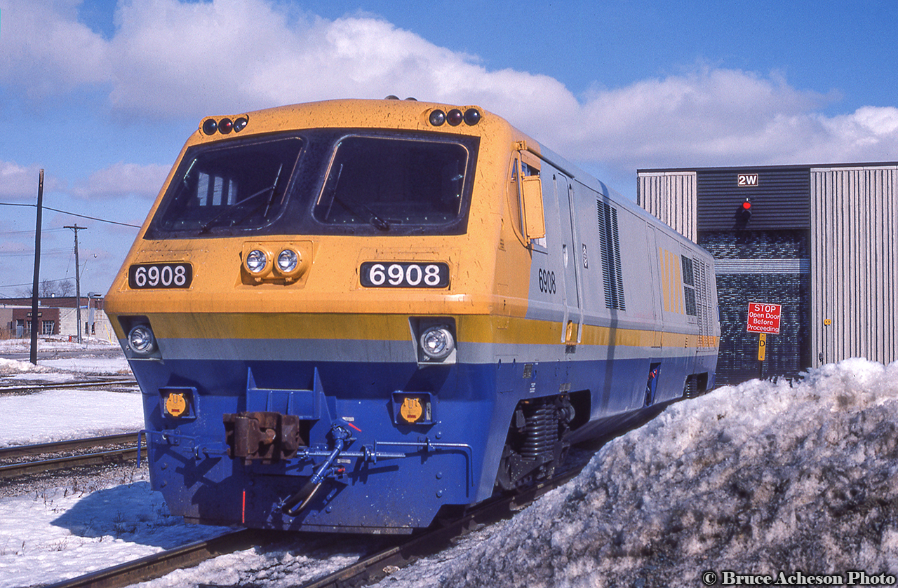 VIA LRC 6908 rests at Willowbrook Yard in Mimico.