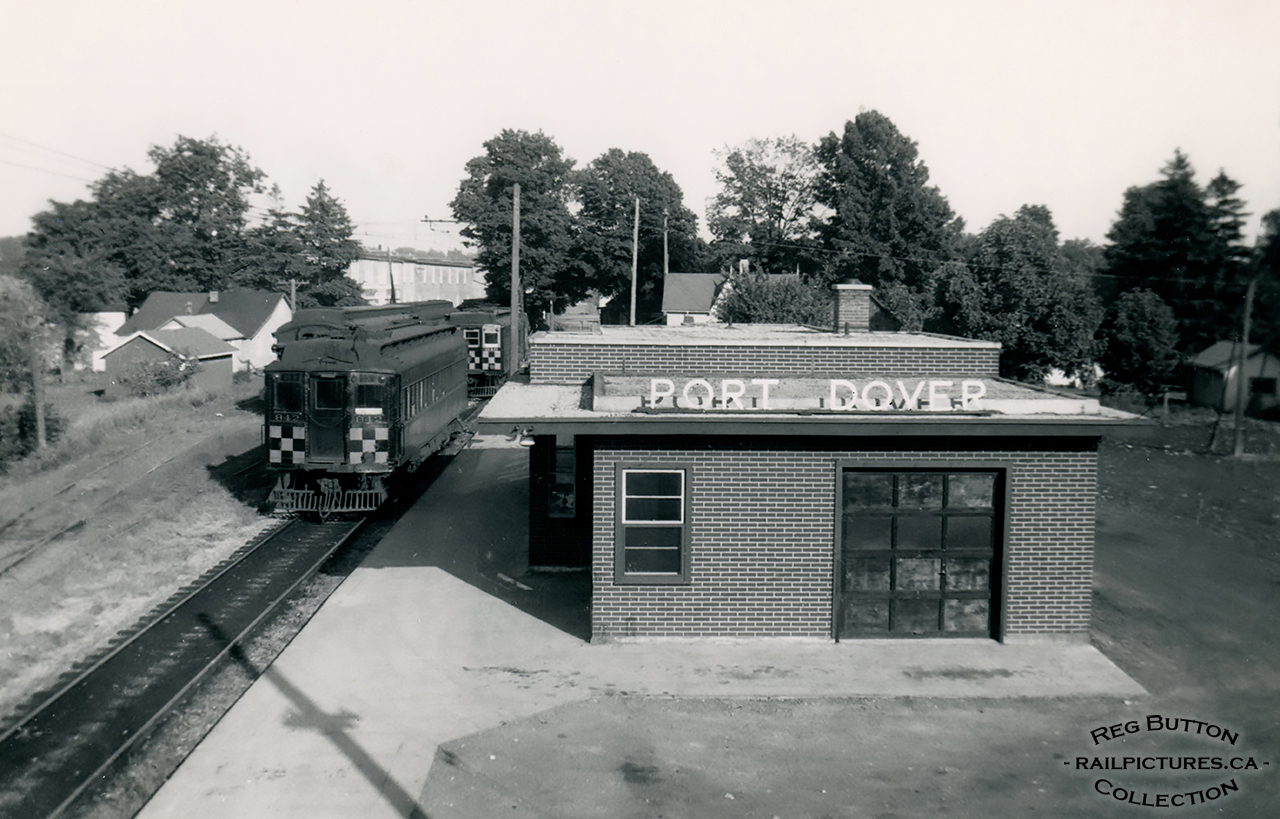 Grand River Railway 842, and another interurban car, are seen at the 1947 Port Dover station, the southern end of the Canadian Pacific Electric Lines.  GRR 842 was one of eight steel passenger cars built by the Preston Car & Coach Company in 1921.Reg Button Photo, Bob Bratina Collection.