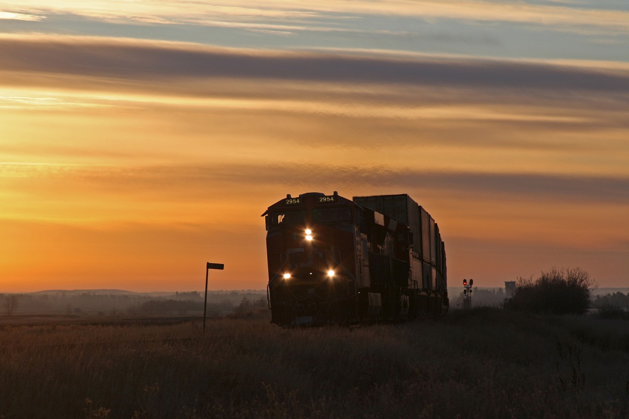 The sun is rising over the Alberta Prairie, as Toronto to Calgary hotshot Z 11531 12 blasts through Shonts, at a mile a minute.